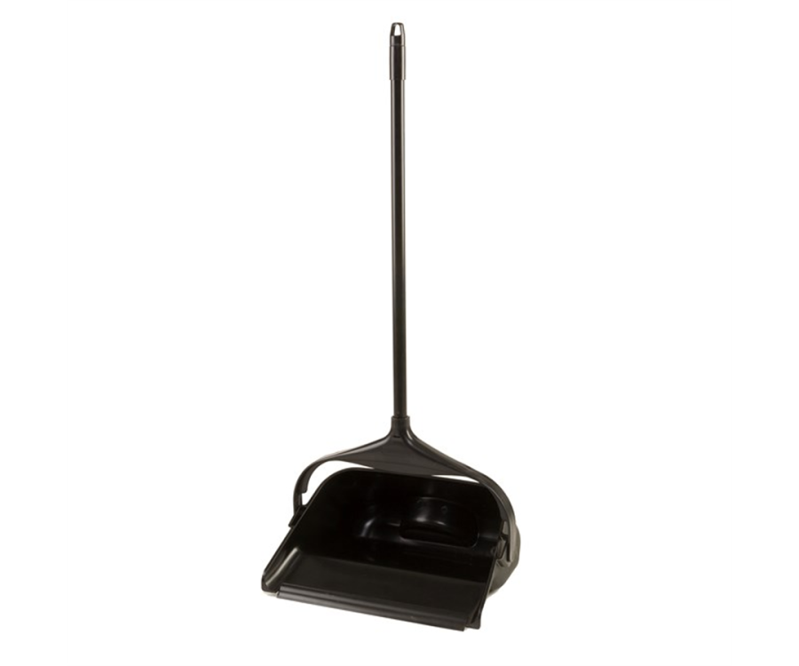 A black upright dustpan with a long handle and a wide collection tray. Rubbermaid® Executive Series™ Lobby Pro® Dustpan with Long Handle (11.3 in. x 5 in. x 12.8 in., 6/Case)